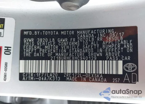 2017 Toyota Corolla Xse z USA, uszkodzony, nr VIN 2T1BURHEXHC940129